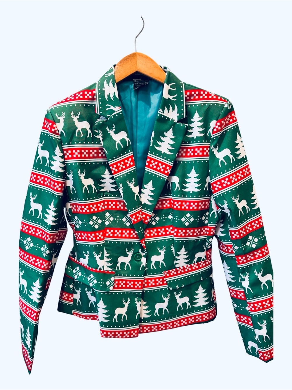 Suitmeister Christmas Blazer Jacket Green Red Reindeer Tree Holiday Plaid L